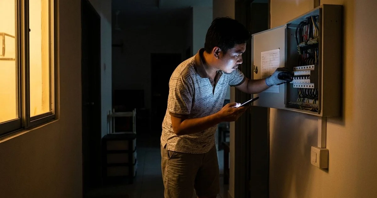 A homeowner resetting a tripped switch on the distribution board at home