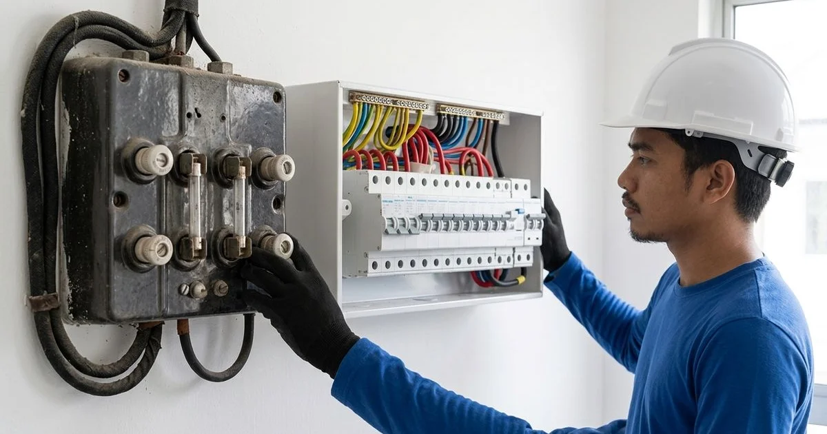 An old fuse-style board next to a modern distribution board with breakers