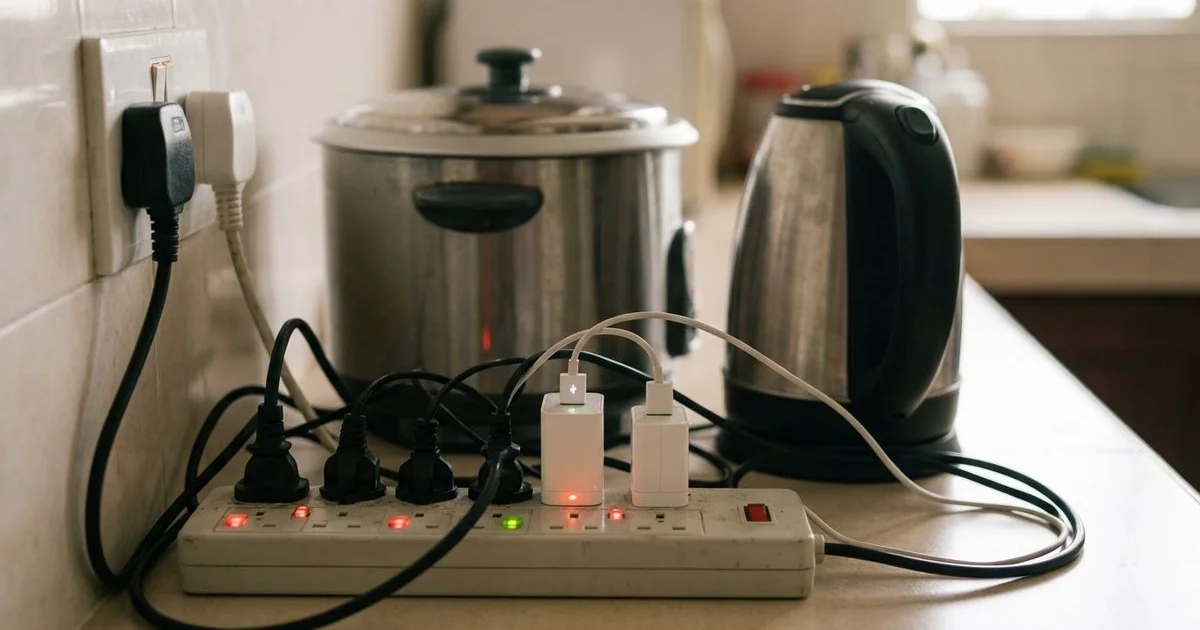 An overloaded multi-plug adaptor with several appliances plugged into one wall socket in a Malaysian home