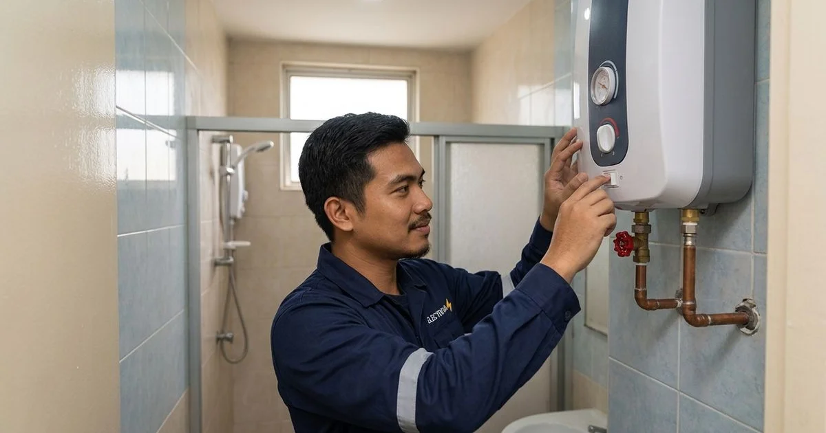 Electrician checking a storage water heater mounted on a Malaysian bathroom wall