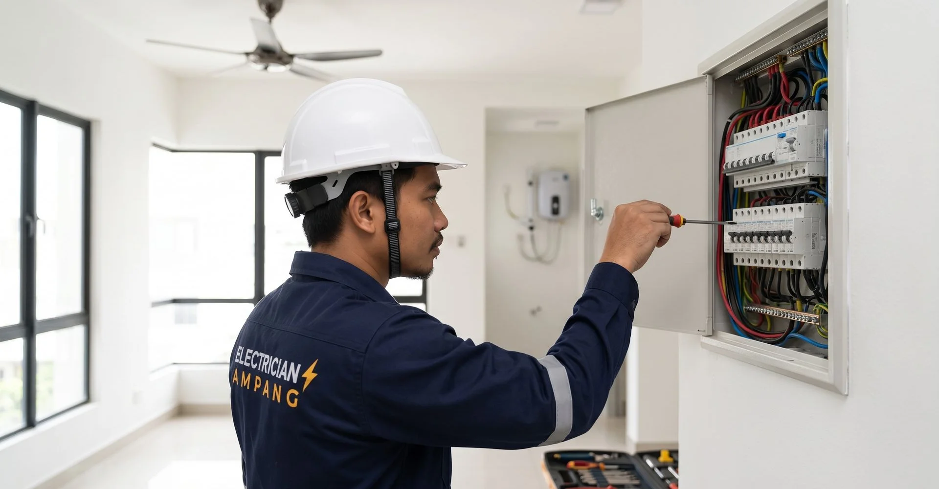 Licensed electrician at work in an Ampang home